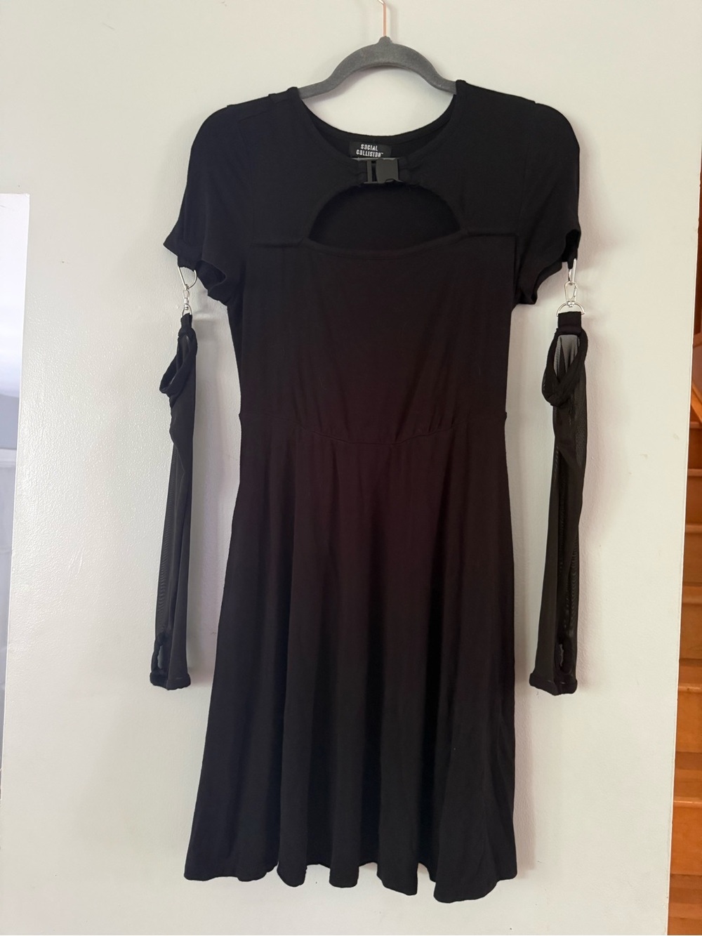 Black Cutout Short-Sleeve Mini Dress with Detachable Sleeve Accents
